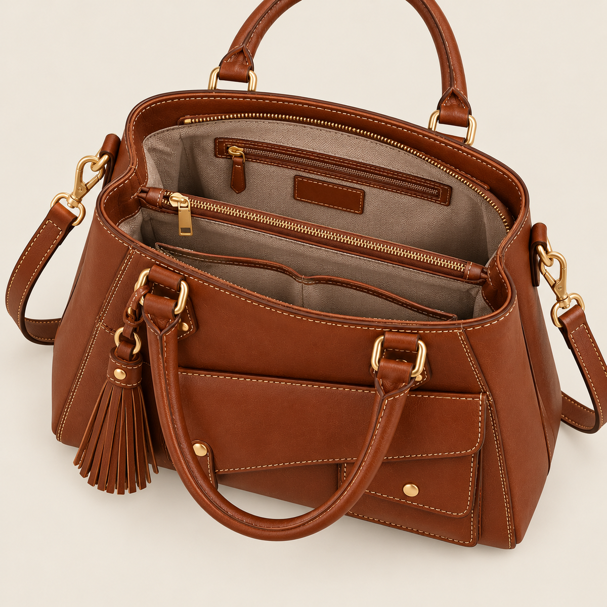 BagFinesse Cognac Tassel Pocket Faux Leather Satchel Handbag