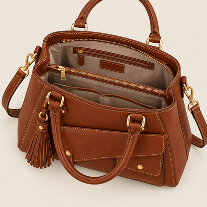BagFinesse Cognac Tassel Pocket Faux Leather Satchel Handbag