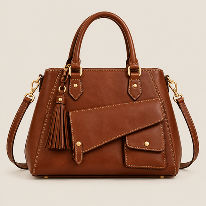 BagFinesse Cognac Tassel Pocket Faux Leather Satchel Handbag