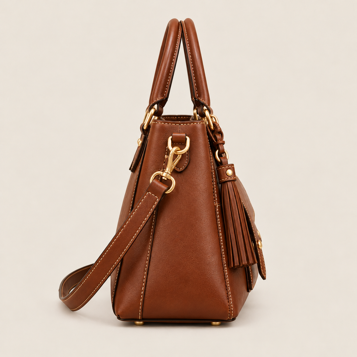 BagFinesse Cognac Tassel Pocket Faux Leather Satchel Handbag