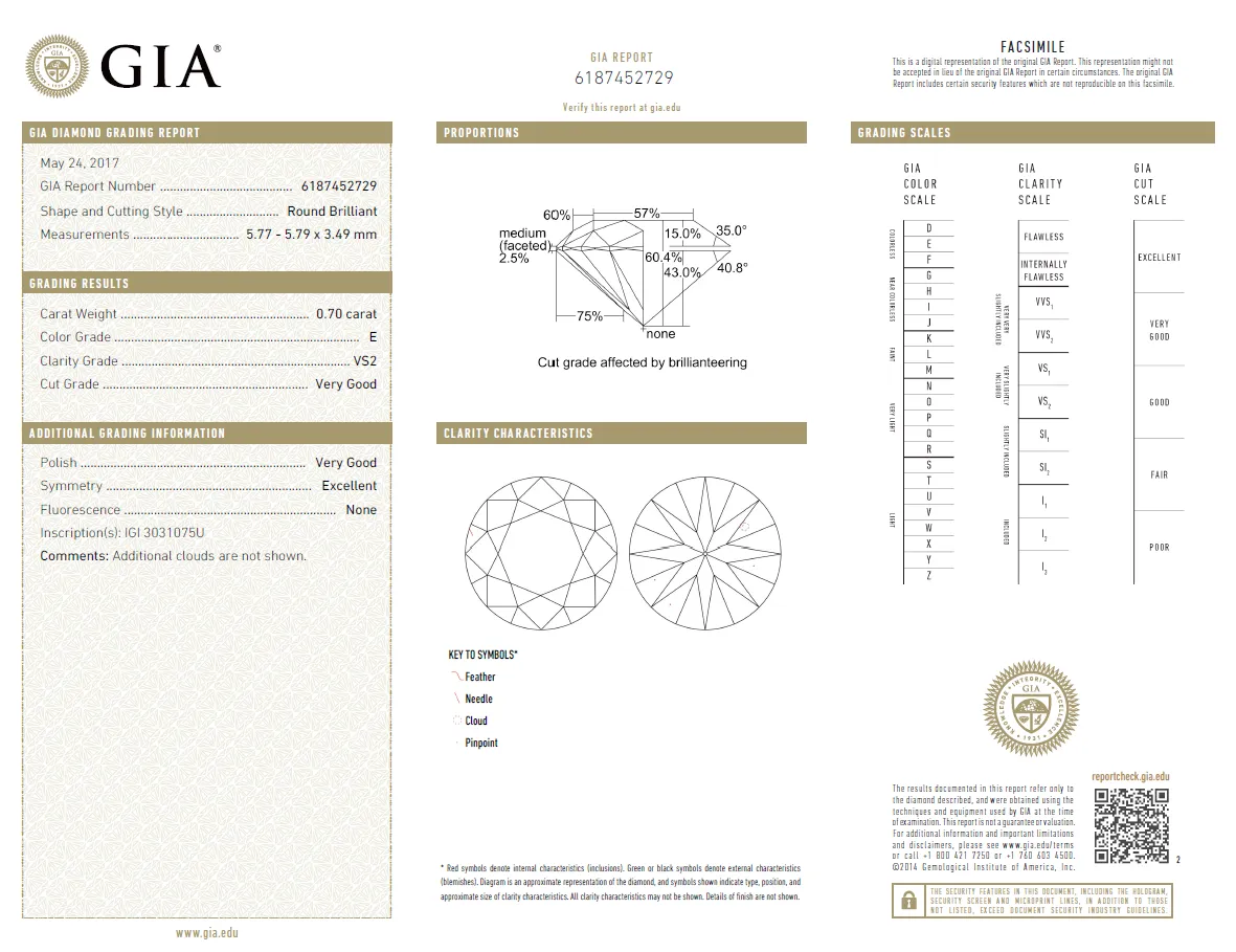 0.70 Carat Loose E / VS2 Round Brilliant Cut Diamond GIA Certified