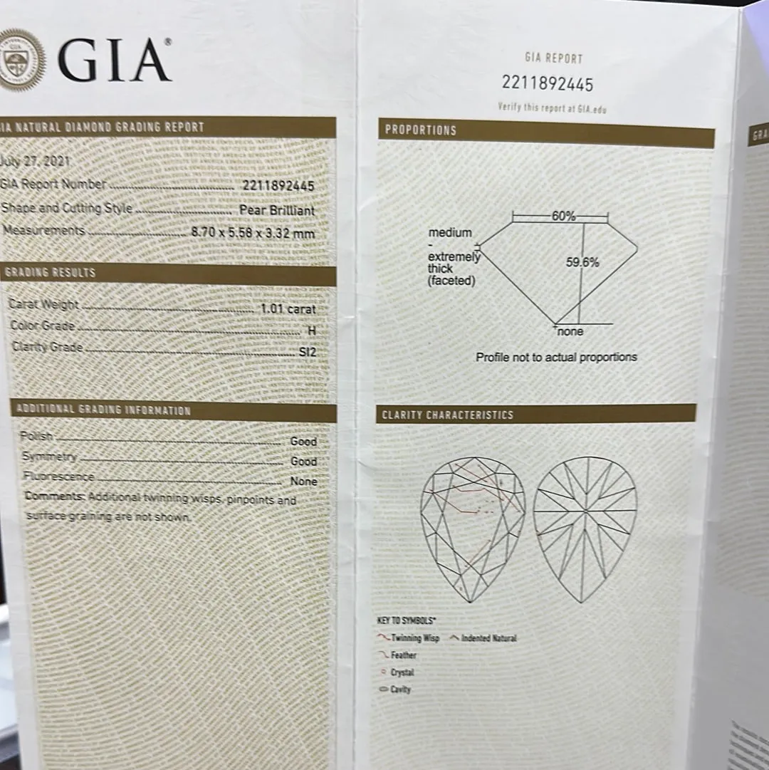 1.01 CT H SI2 PEAR DIAMOND GIA