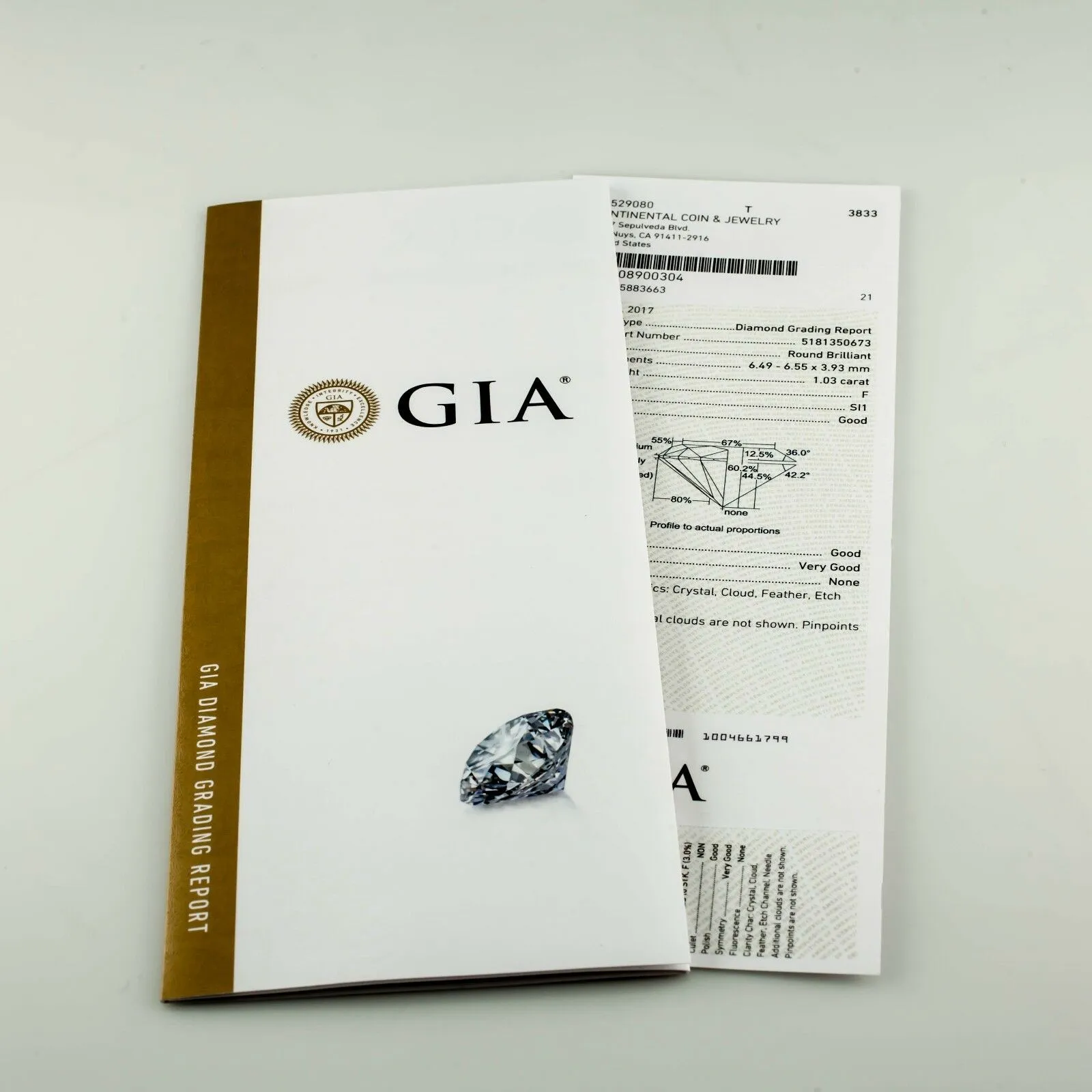 1.03 Carat Loose F / SI1 Round Brilliant Cut Diamond GIA Certified
