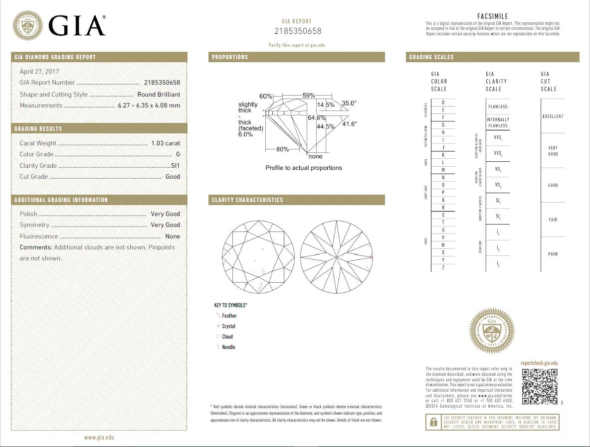 1.03 Carat Loose G / SI1 Round Brilliant Cut Diamond GIA Certified