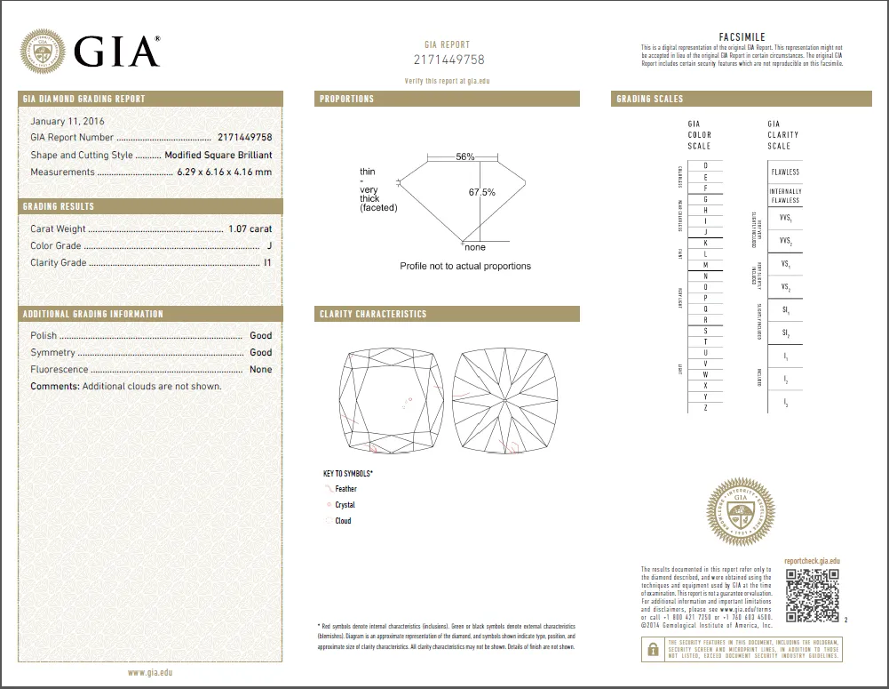 1.07 Carat Loose J / I1 Square Modified Brilliant Diamond GIA Certified