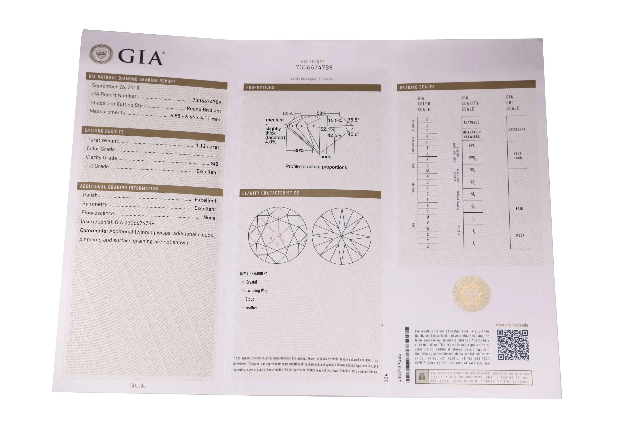1.12ct GIA Certified Round Brilliant Cut J SI2 Natural Modern Loose Diamond