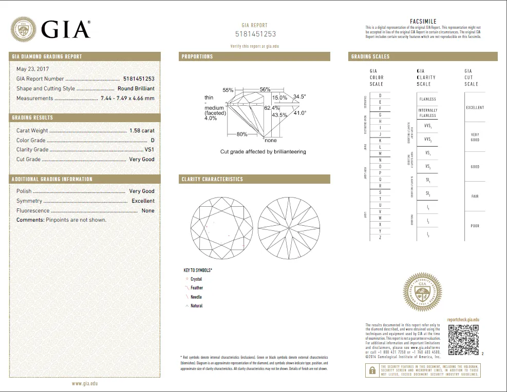 1.58 Carat Loose D / VS1 Round Brilliant Cut Diamond GIA Certified