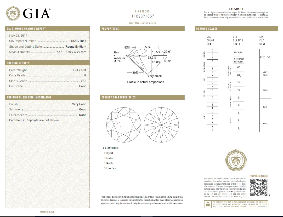 1.71 Carat Loose K / VS2 Round Brilliant Cut Diamond GIA Certified