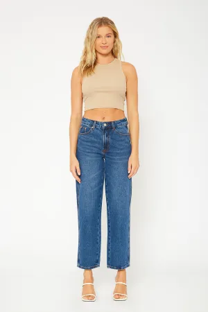 A high-rise dark blue dad fit jeans