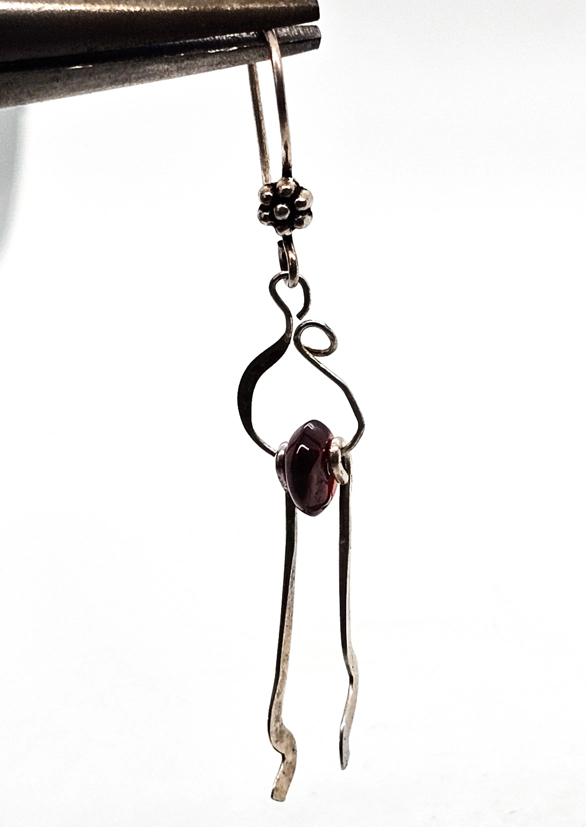 Abstract Artisan Modernist drop red garnet gemstone beaded vintage sterling silver earrings