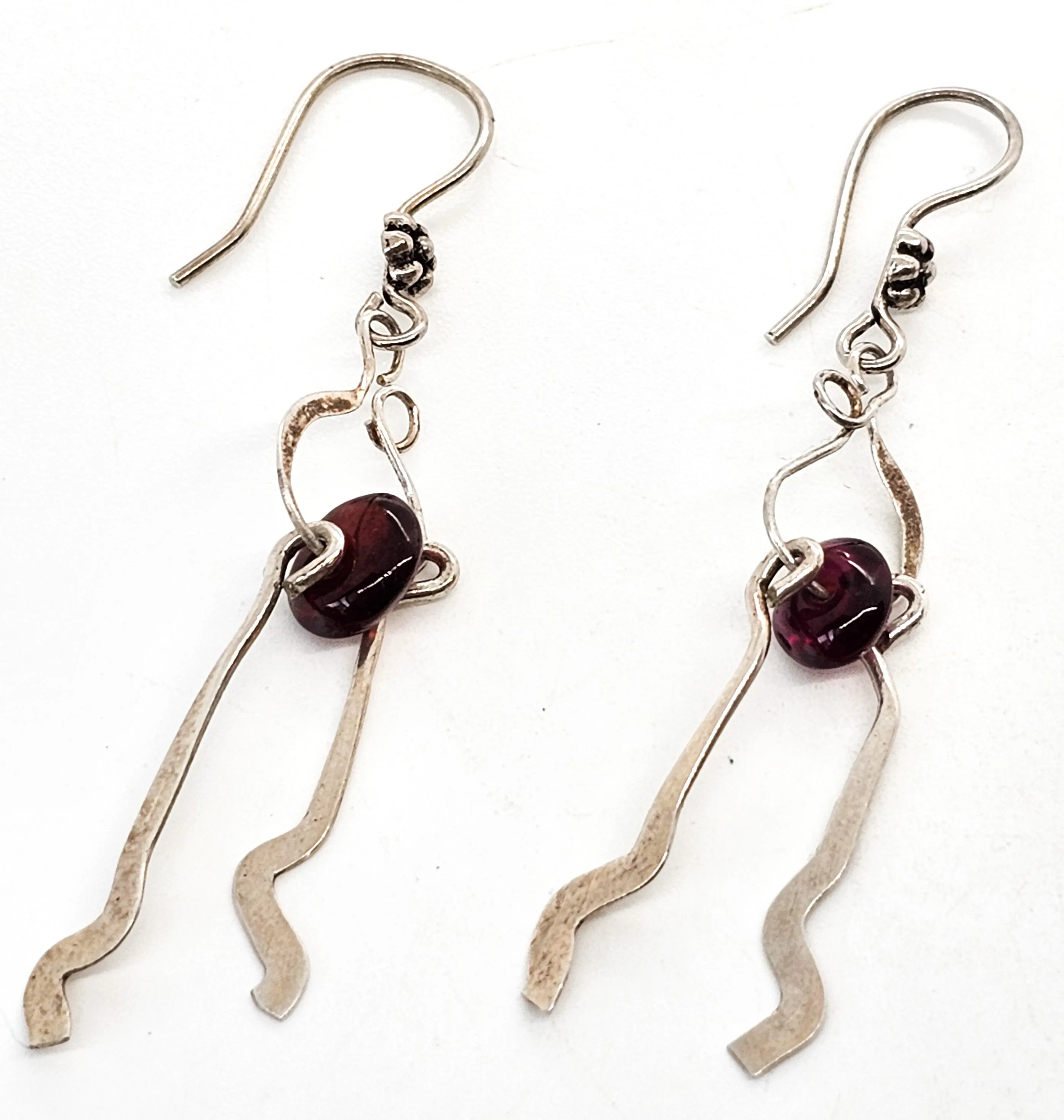Abstract Artisan Modernist drop red garnet gemstone beaded vintage sterling silver earrings