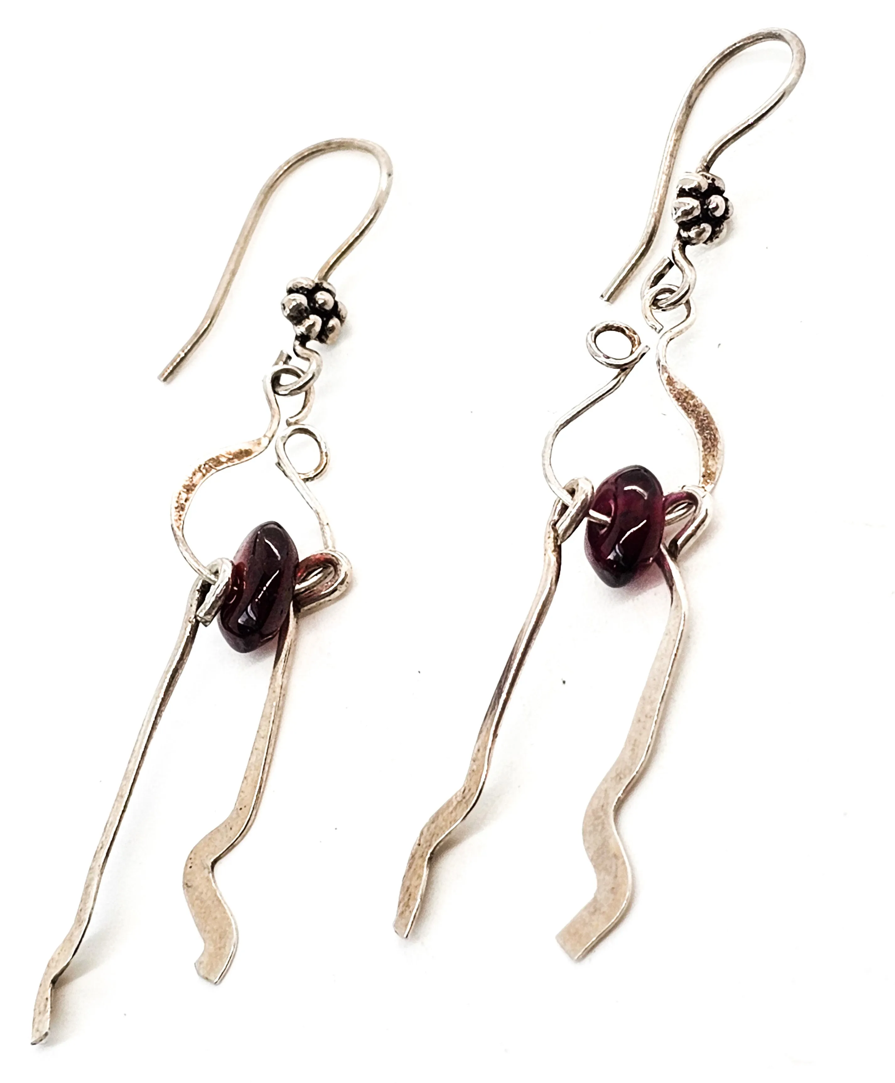 Abstract Artisan Modernist drop red garnet gemstone beaded vintage sterling silver earrings