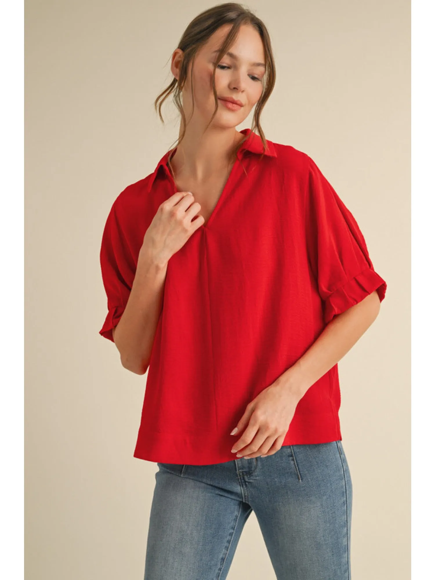 Air Flow Collared Short Sleeve Blouse