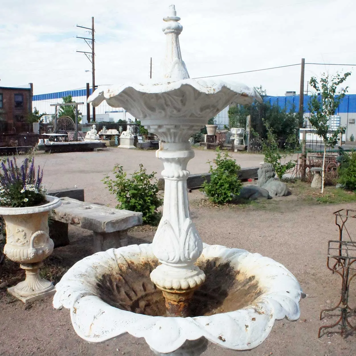 American J.W. Fiske Victorian Painted Cast Iron Two-Tier Garden Fountain and Pan
