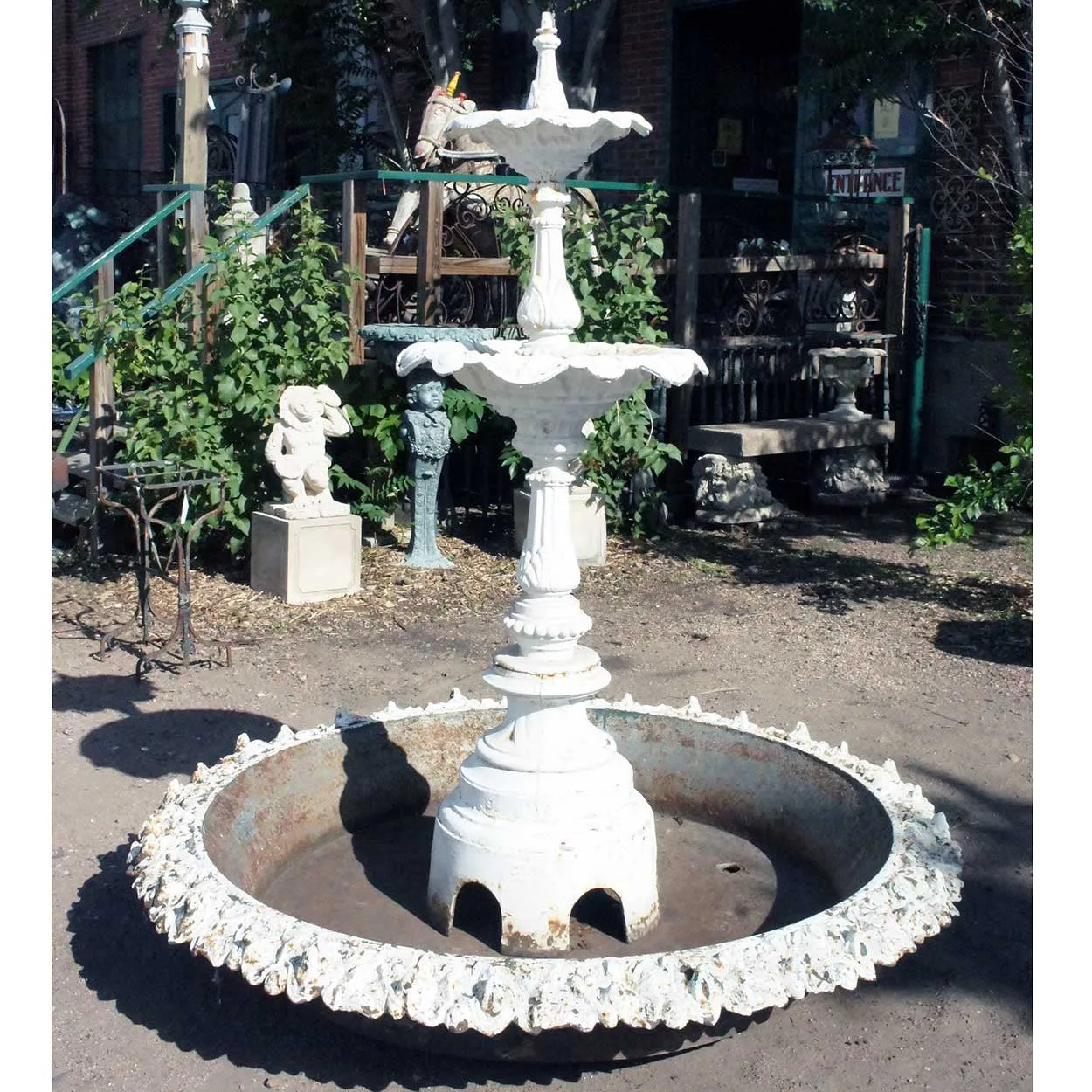 American J.W. Fiske Victorian Painted Cast Iron Two-Tier Garden Fountain and Pan