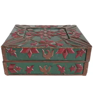 American New England Folk Art Green and Red Painted and Carved Document Box