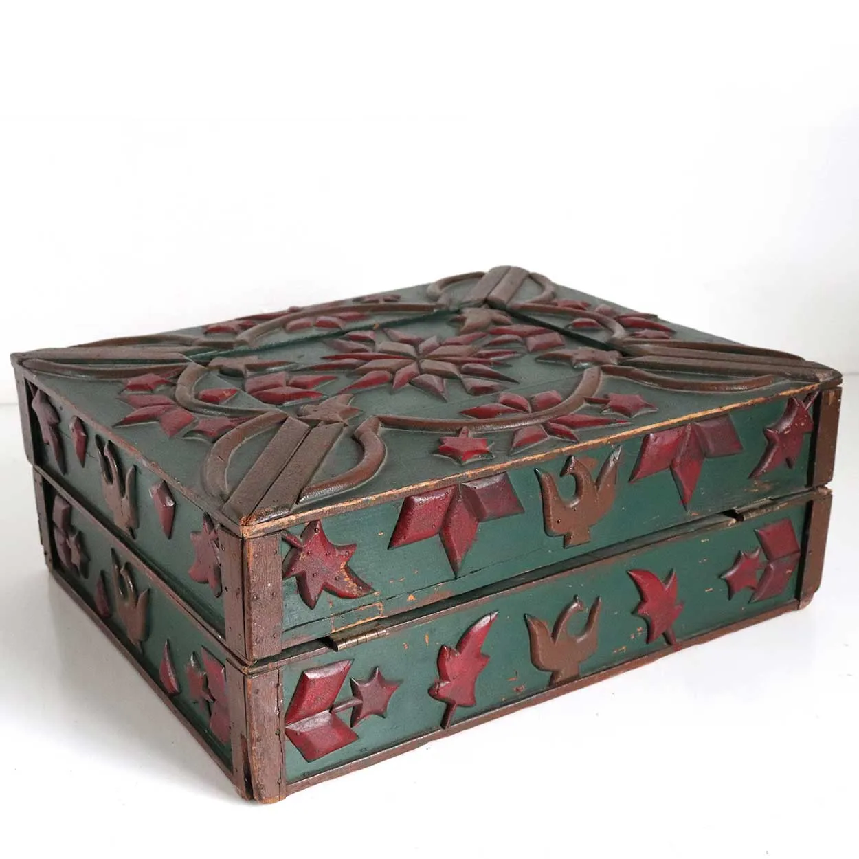 American New England Folk Art Green and Red Painted and Carved Document Box
