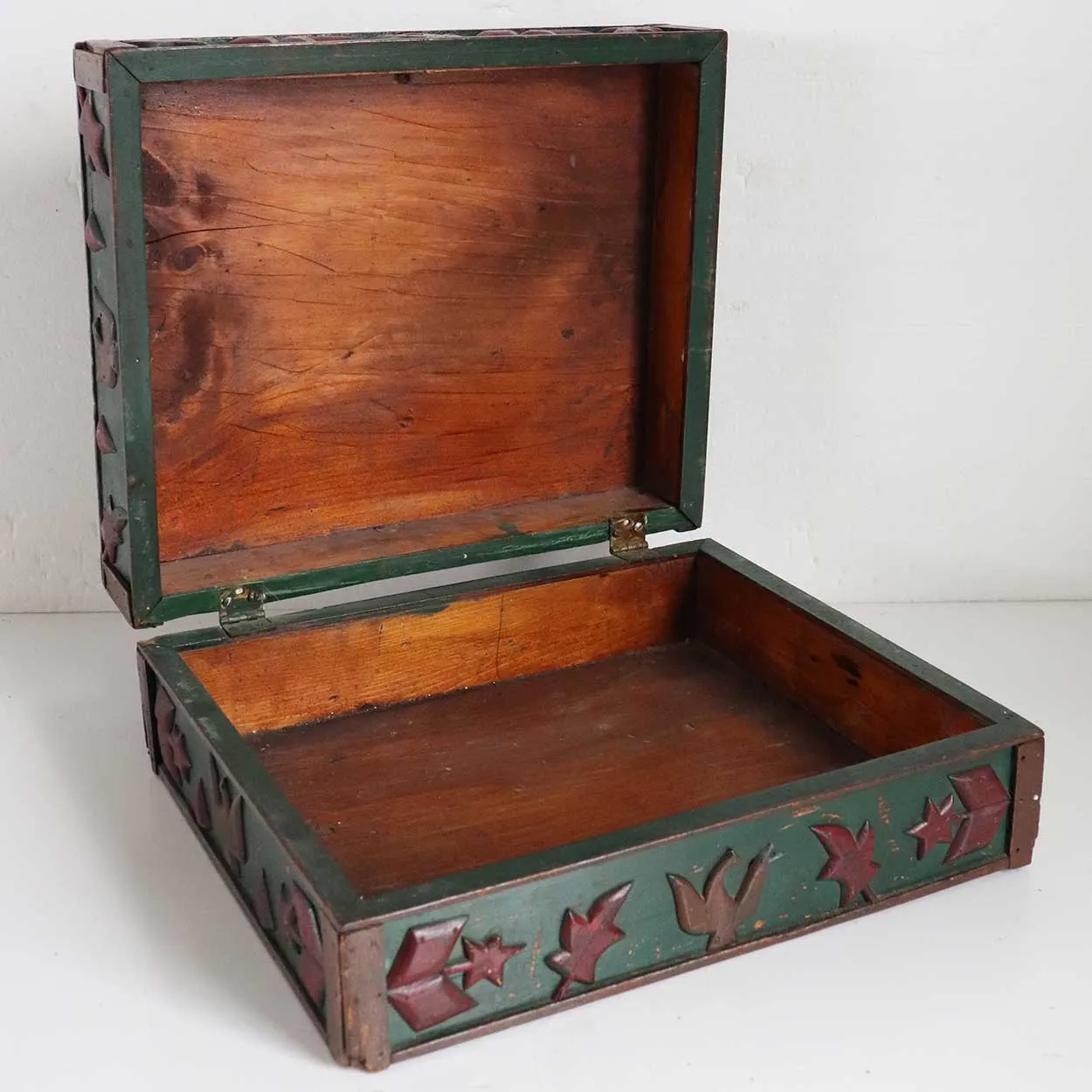 American New England Folk Art Green and Red Painted and Carved Document Box