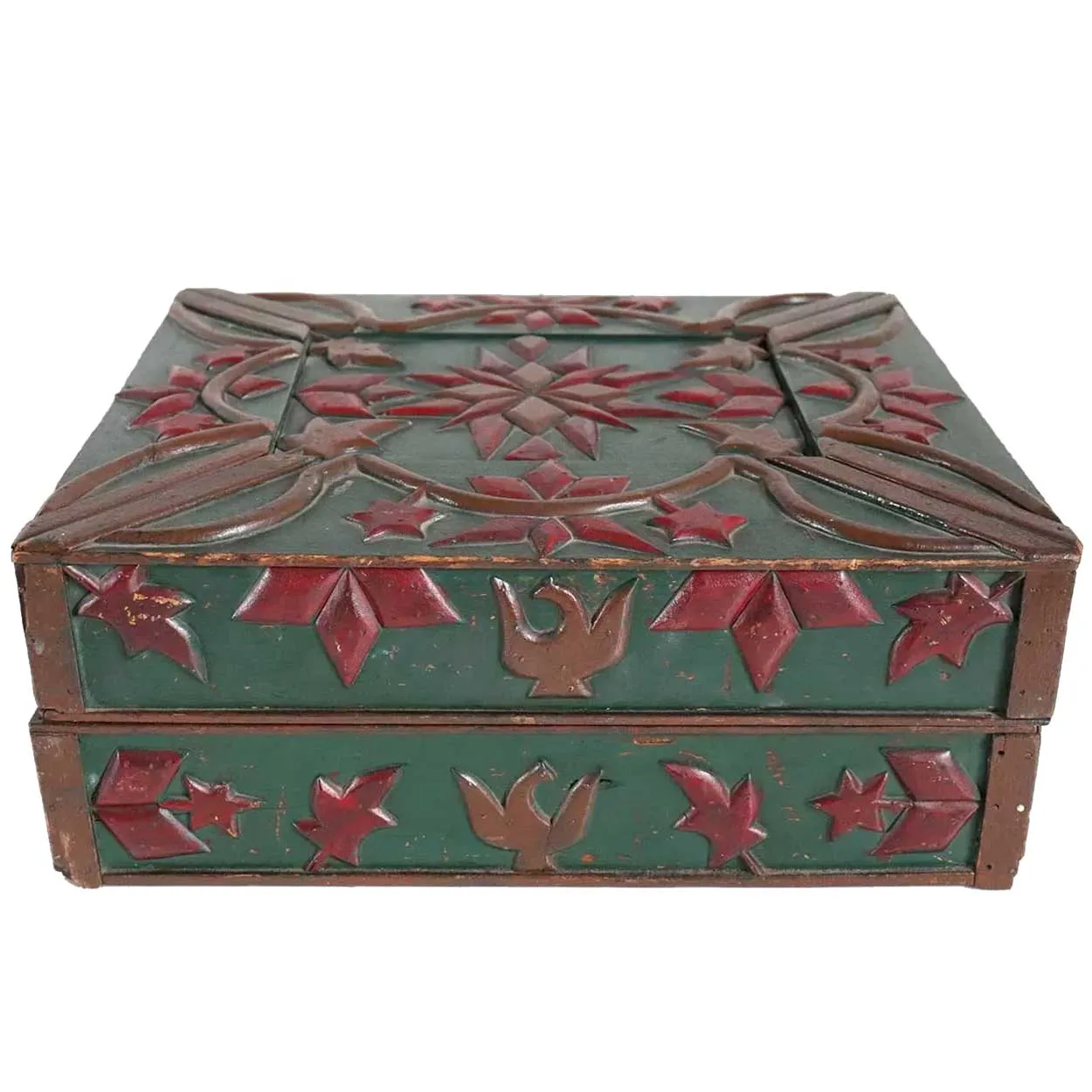 American New England Folk Art Green and Red Painted and Carved Document Box