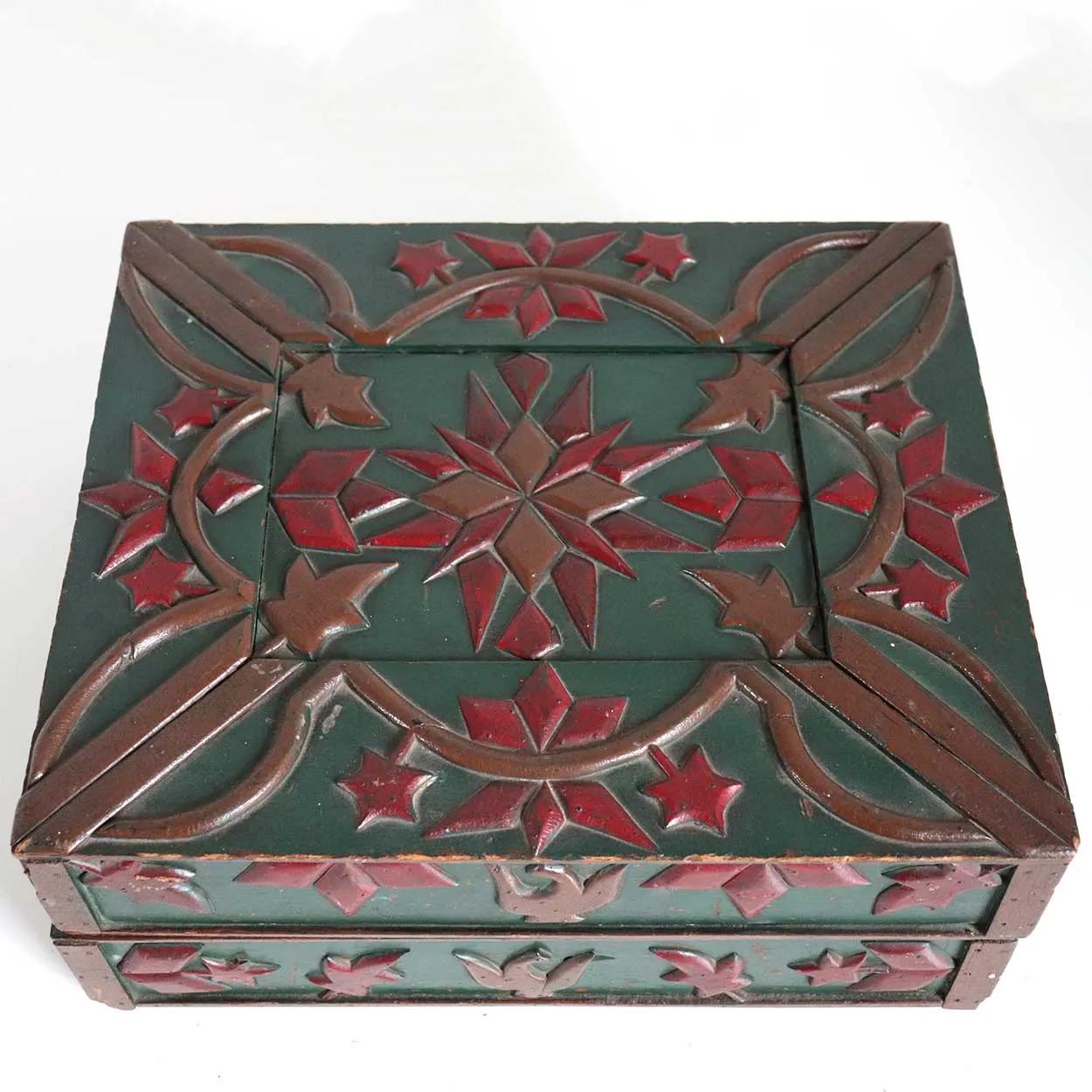 American New England Folk Art Green and Red Painted and Carved Document Box