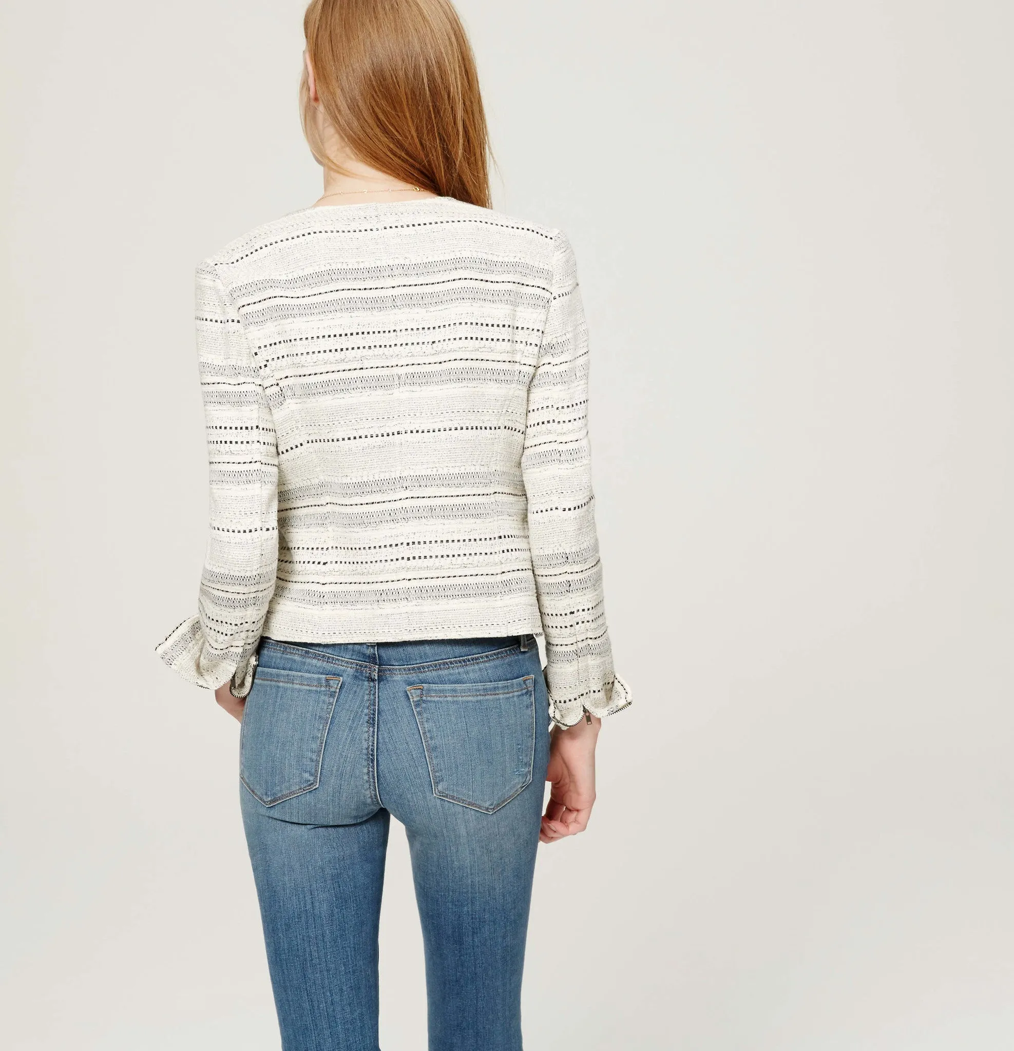 Ann Taylor Loft Ivory Striped Tweed Moto Jacket