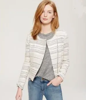 Ann Taylor Loft Ivory Striped Tweed Moto Jacket