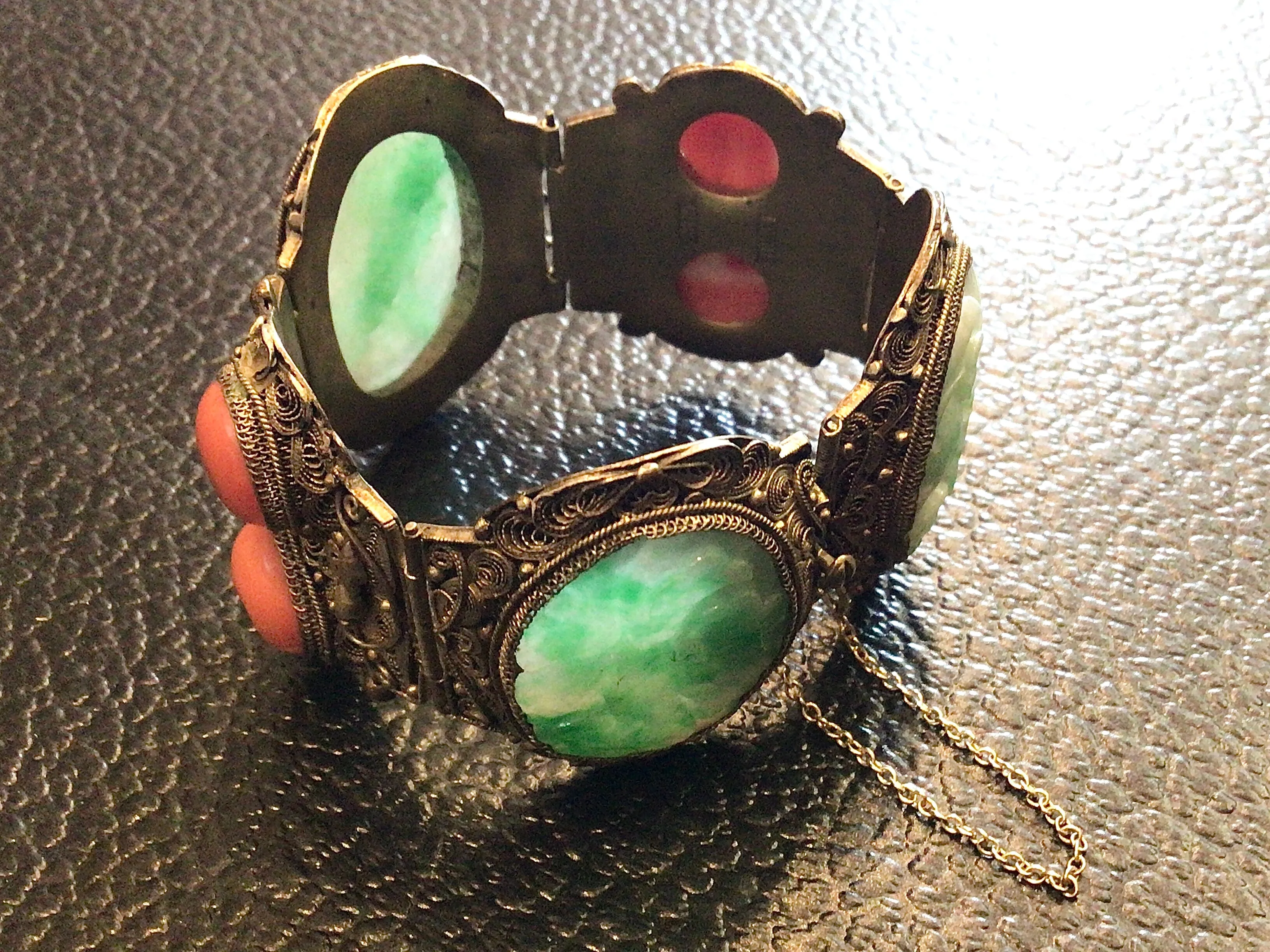 Antique Chinese Jade & Gilt Silver Paneled Bracelet