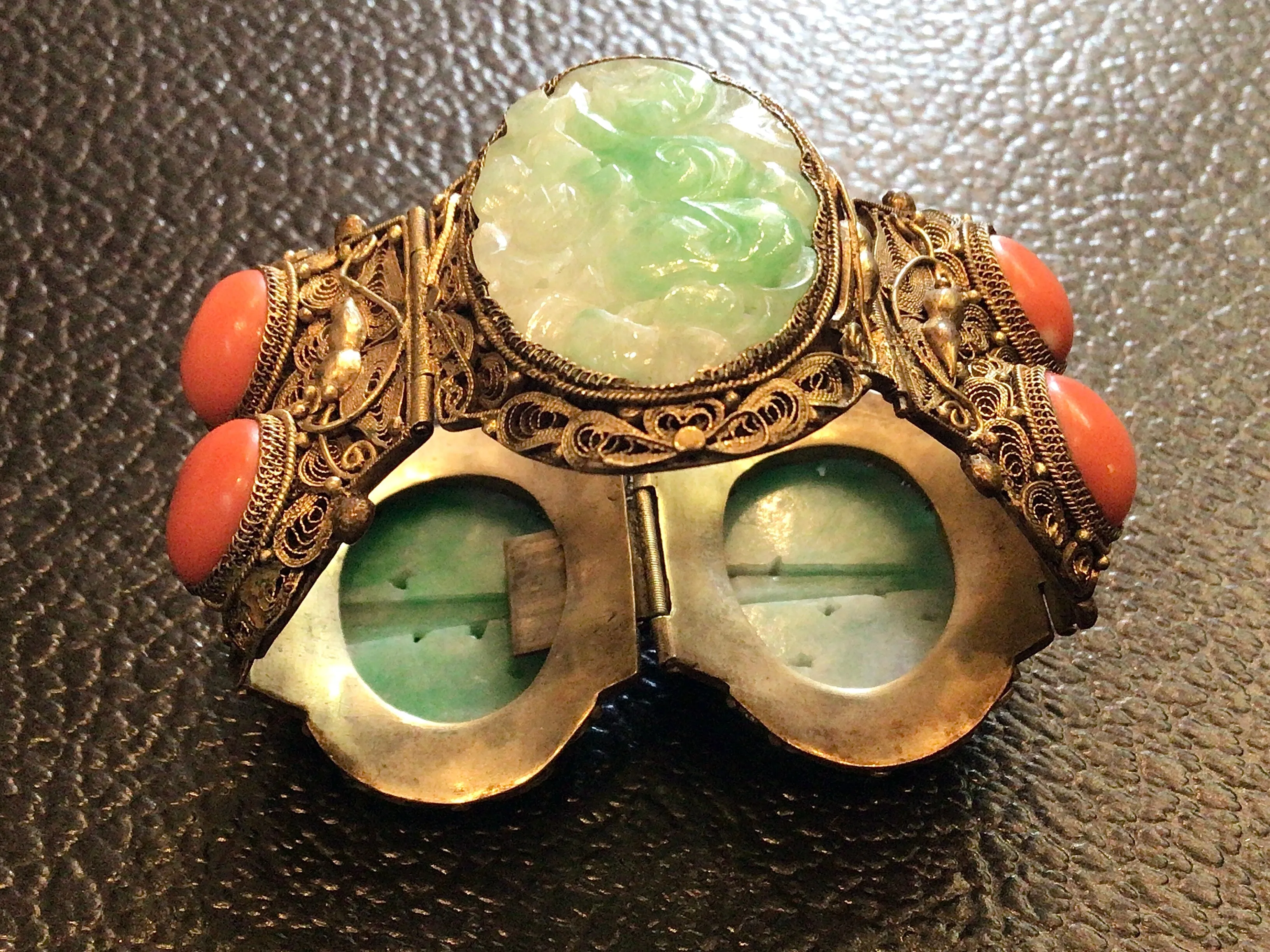 Antique Chinese Jade & Gilt Silver Paneled Bracelet