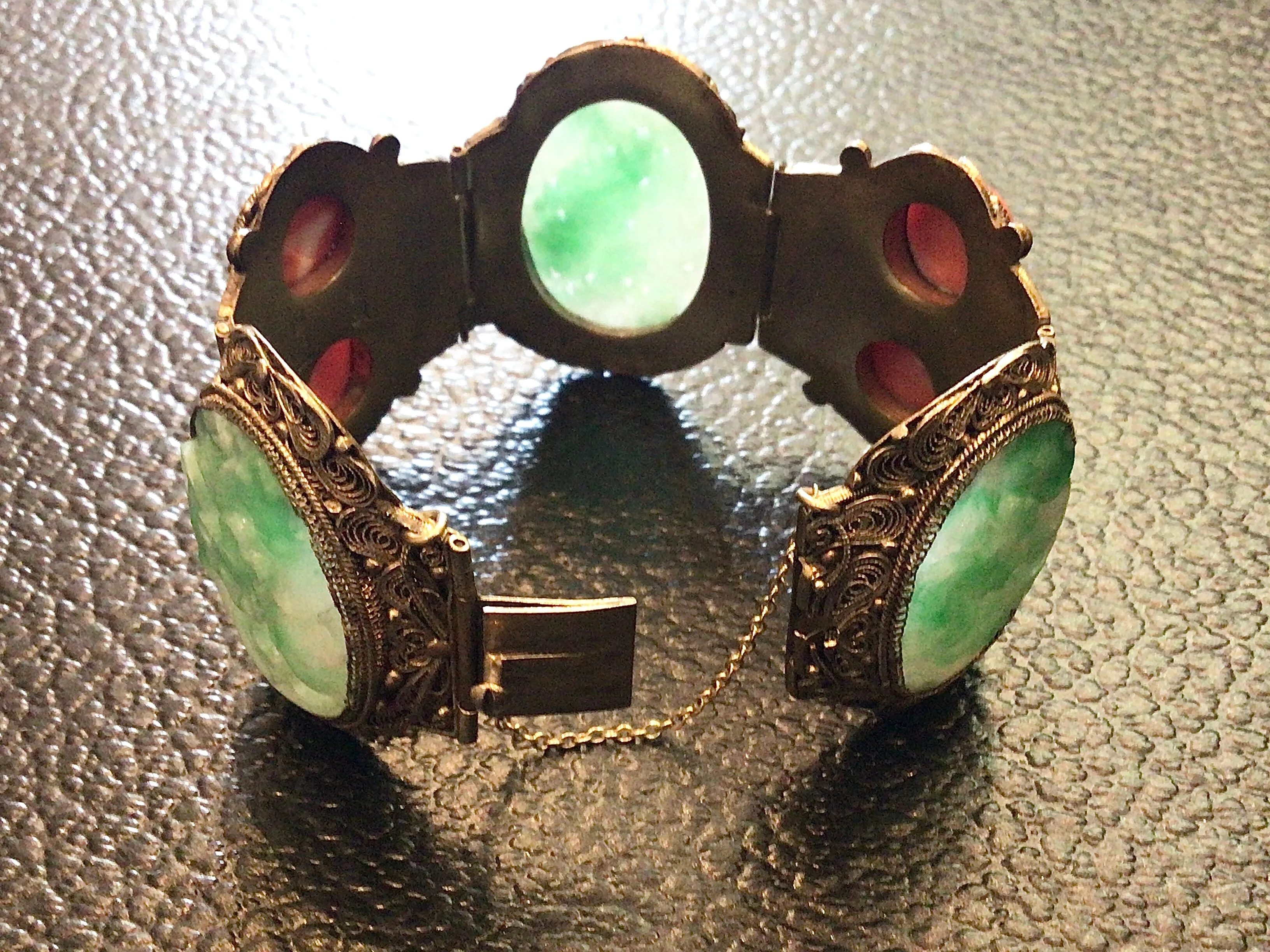 Antique Chinese Jade & Gilt Silver Paneled Bracelet