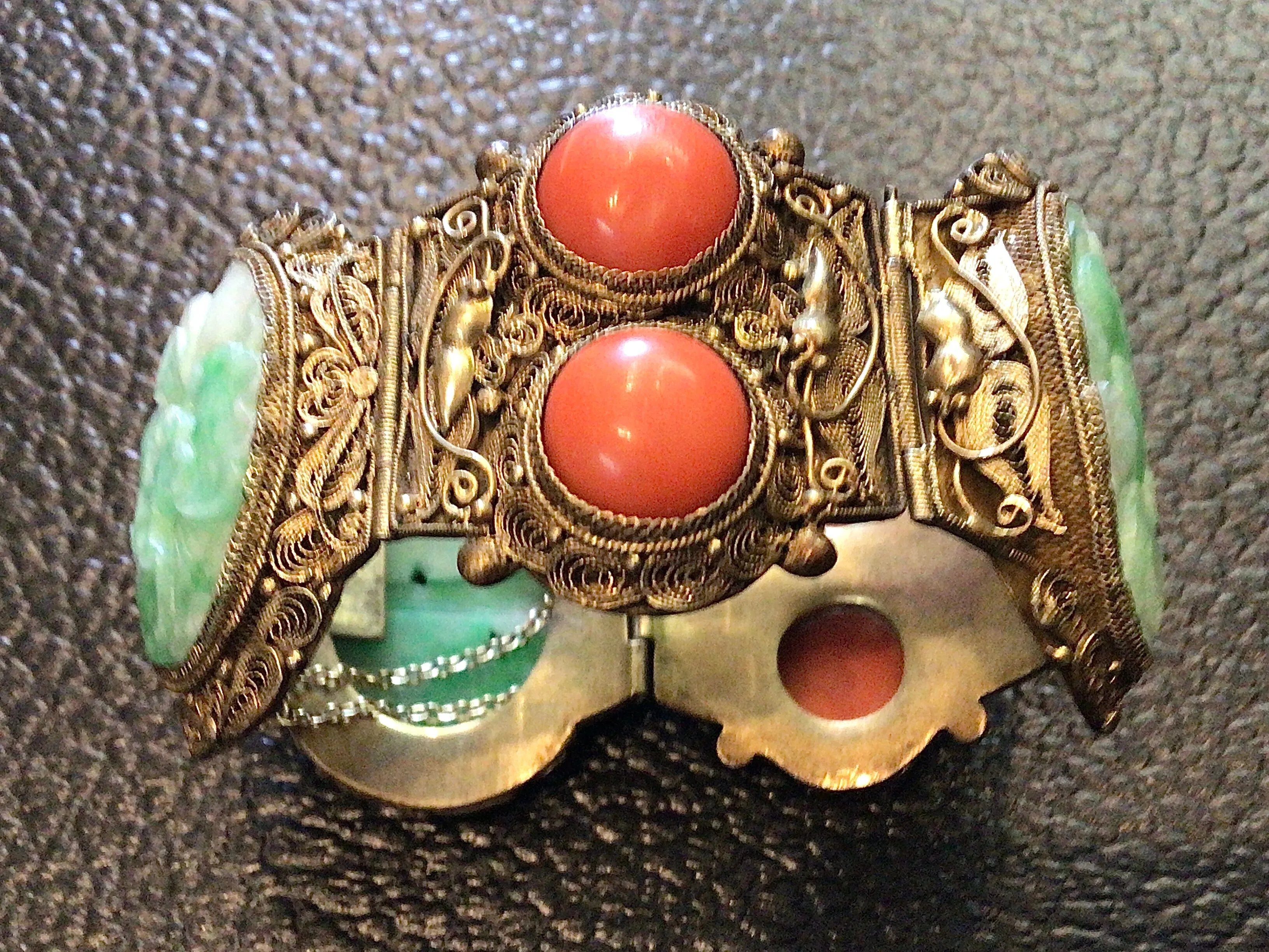 Antique Chinese Jade & Gilt Silver Paneled Bracelet