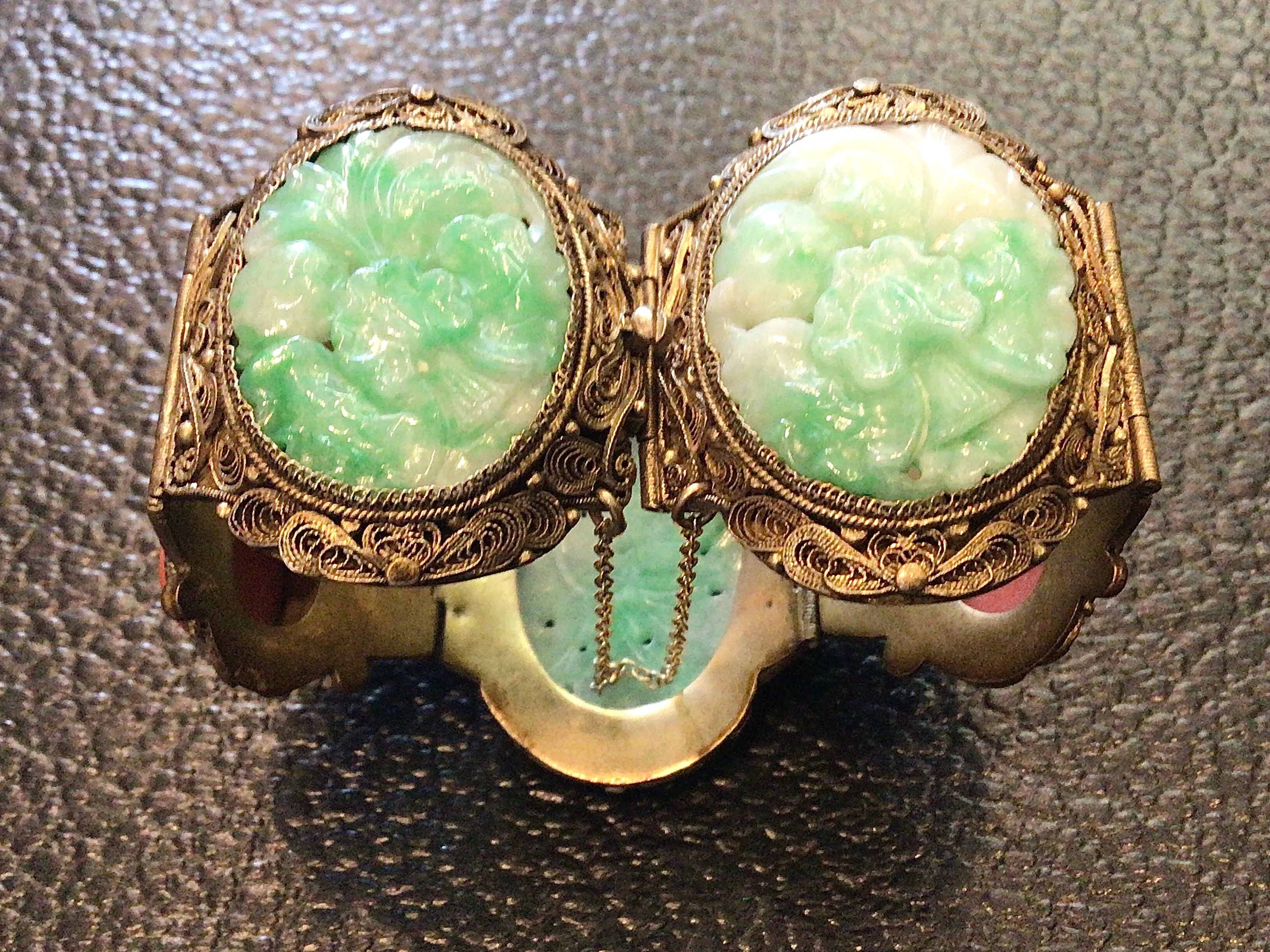 Antique Chinese Jade & Gilt Silver Paneled Bracelet