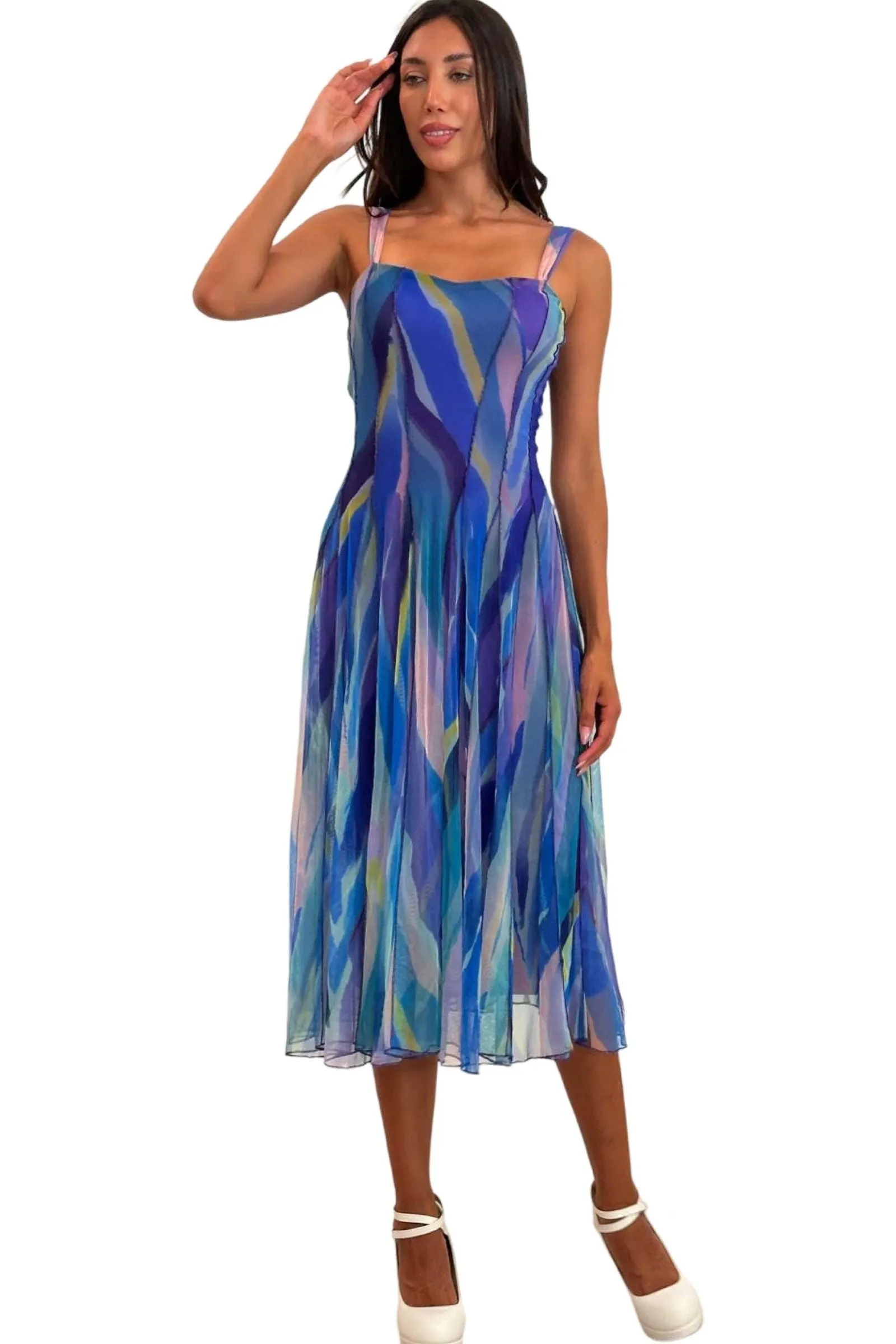 AQUARELLE 822 Sleeveless Tea Length Fit N Flare Paneled Dress