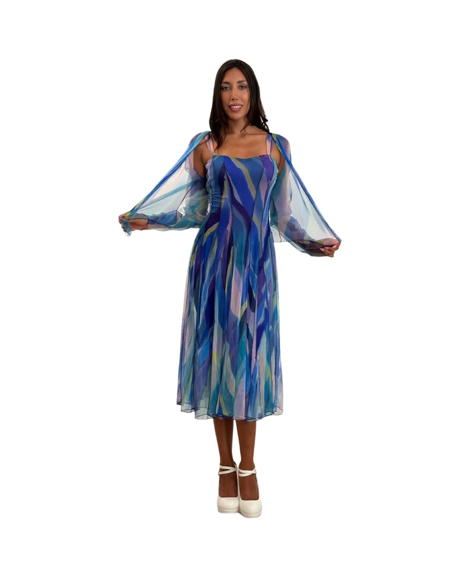 AQUARELLE 822 Sleeveless Tea Length Fit N Flare Paneled Dress