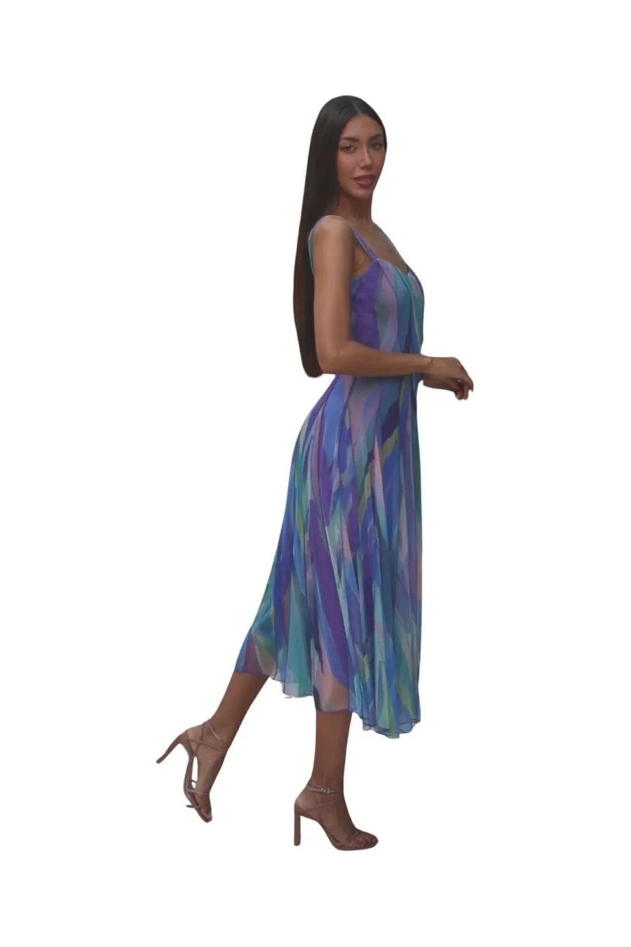 AQUARELLE 822 Sleeveless Tea Length Fit N Flare Paneled Dress