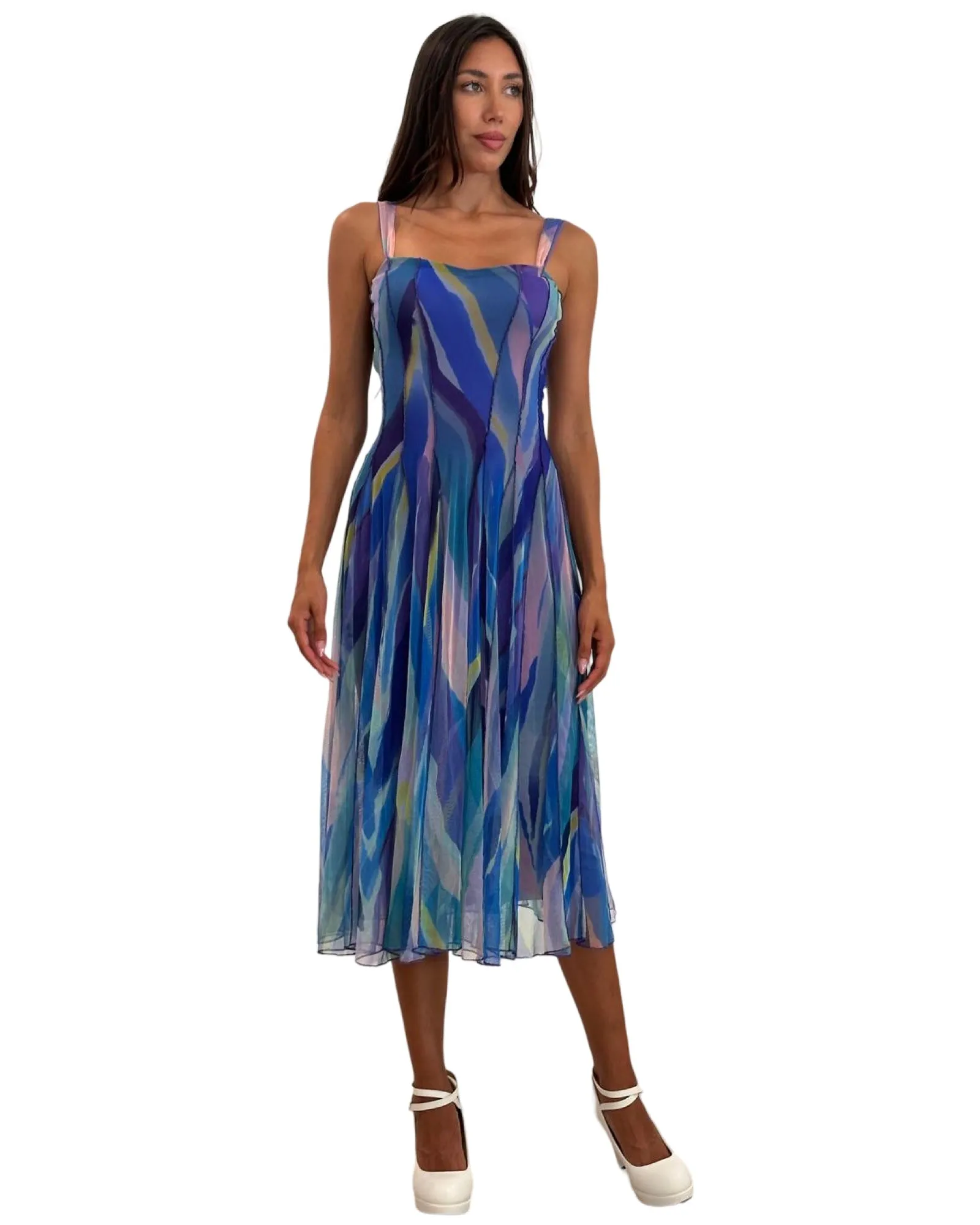 AQUARELLE 822 Sleeveless Tea Length Fit N Flare Paneled Dress