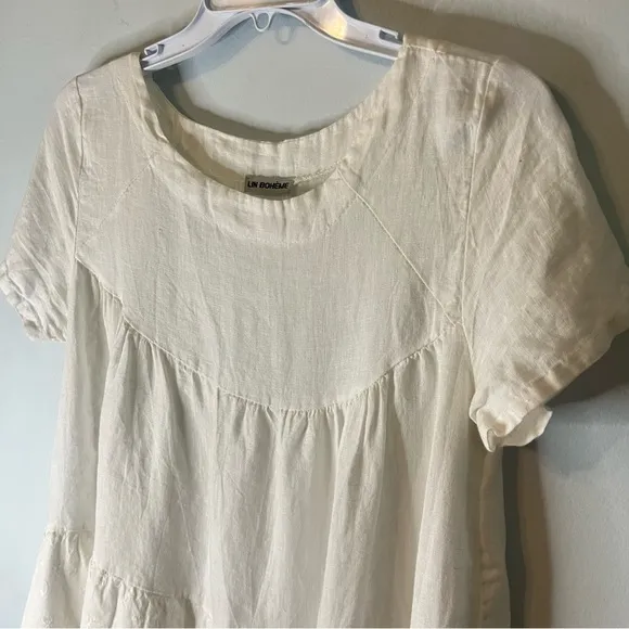 Aritzia Wilfred Lin Boheme 100% Linen Cream Babydoll Dress Tiered Eyelet Sz Med