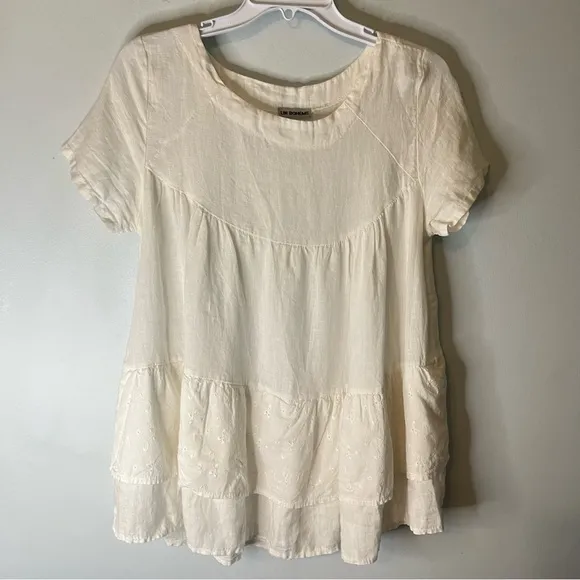 Aritzia Wilfred Lin Boheme 100% Linen Cream Babydoll Dress Tiered Eyelet Sz Med