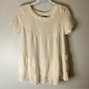 Aritzia Wilfred Lin Boheme 100% Linen Cream Babydoll Dress Tiered Eyelet Sz Med