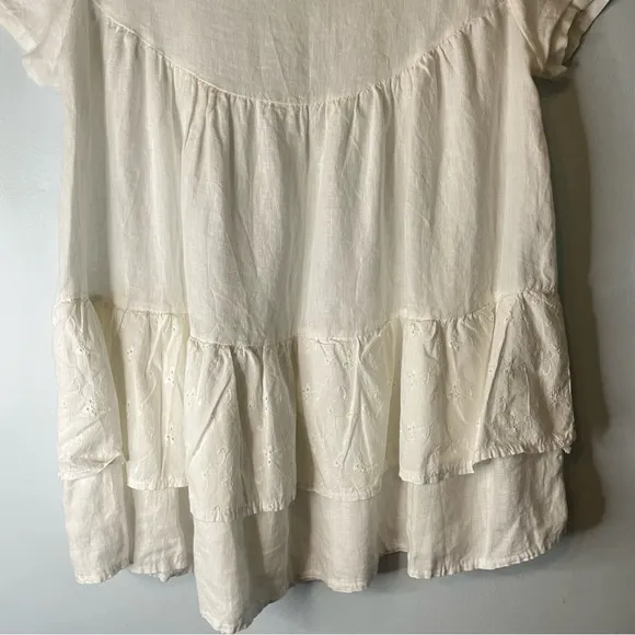 Aritzia Wilfred Lin Boheme 100% Linen Cream Babydoll Dress Tiered Eyelet Sz Med