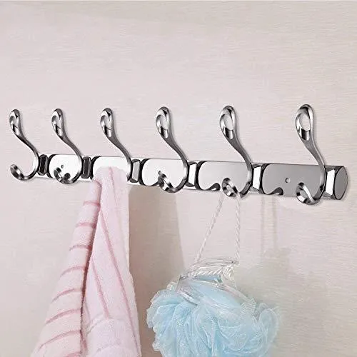 Arplis Wall Mounted Hooks, Stainless Steel Rack Wall Hanger with 6 Double Hooks Design, Coat Towel Rail Hook for Foyer, Hallways, and Bedrooms