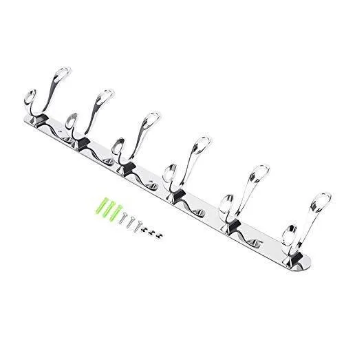 Arplis Wall Mounted Hooks, Stainless Steel Rack Wall Hanger with 6 Double Hooks Design, Coat Towel Rail Hook for Foyer, Hallways, and Bedrooms