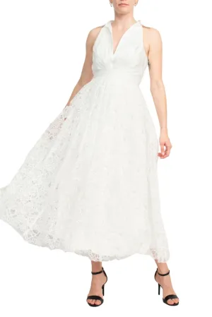 Badgley Mischka SC3965  Crepon-Paneled Guipure Lace Midi Shirt Dress