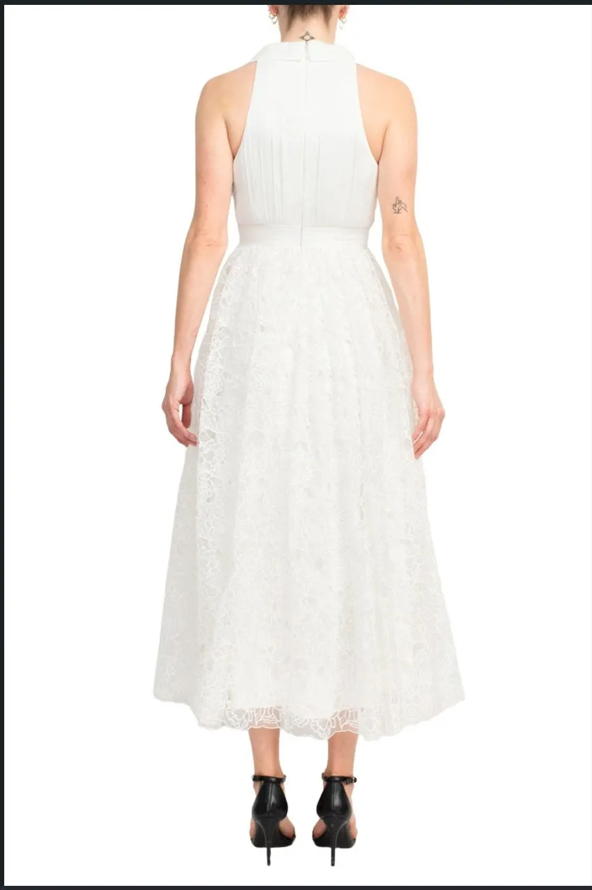 Badgley Mischka SC3965  Crepon-Paneled Guipure Lace Midi Shirt Dress
