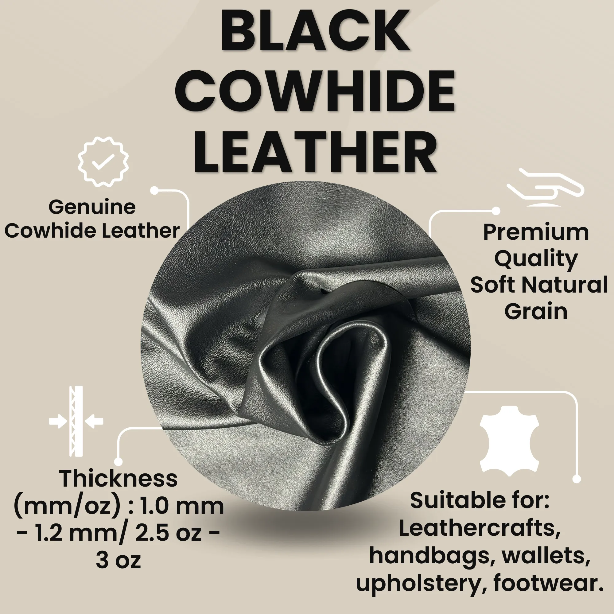 Black Cowhide LEATHER PRE CUT Pieces | 12"x12" Precuts Sheets for Crafts