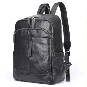 Black Leather Backpack for Men Casual Travel Daypack 14" Laptop