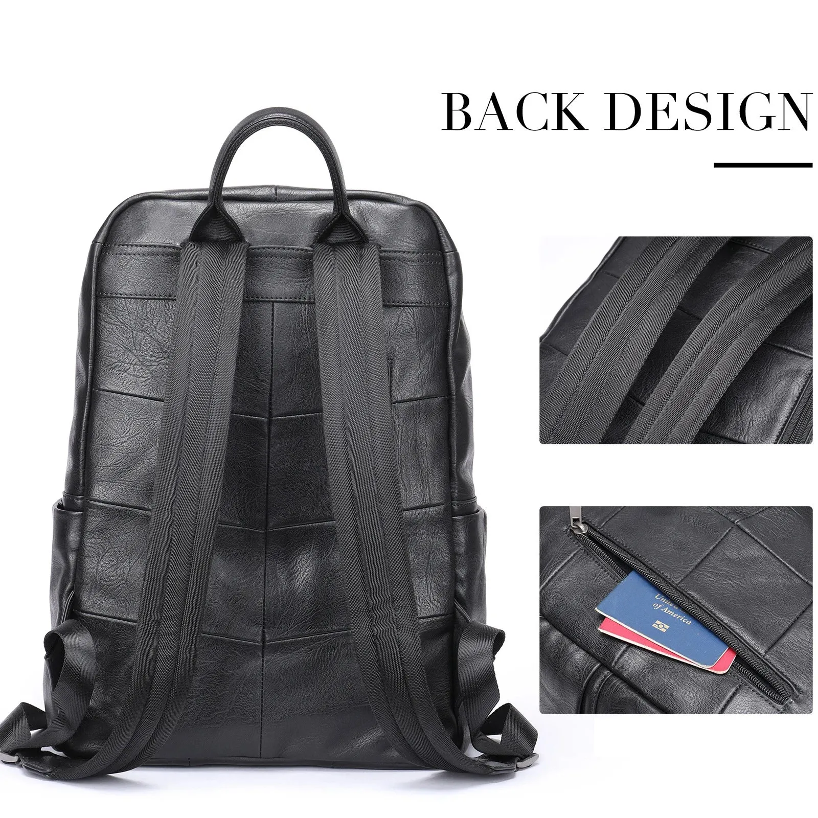 Black Leather Backpack for Men Casual Travel Daypack 14" Laptop