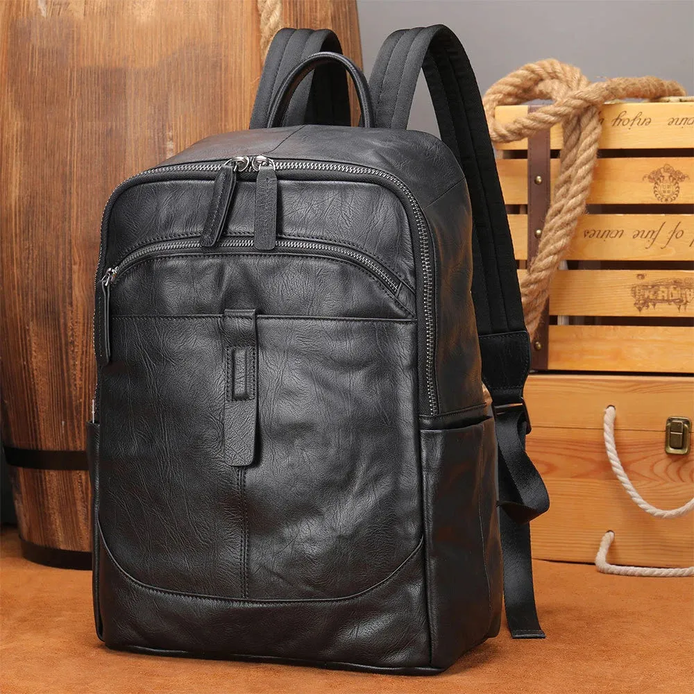 Black Leather Backpack for Men Casual Travel Daypack 14" Laptop
