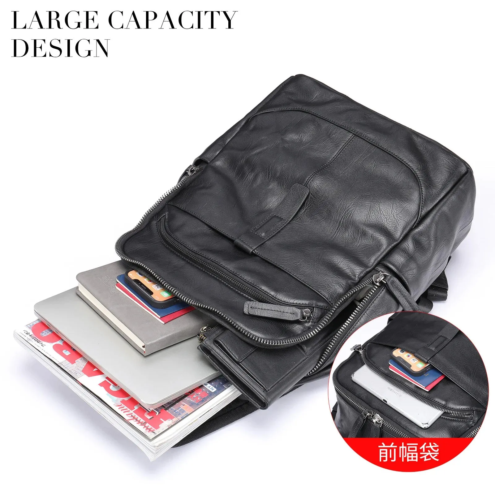 Black Leather Backpack for Men Casual Travel Daypack 14" Laptop