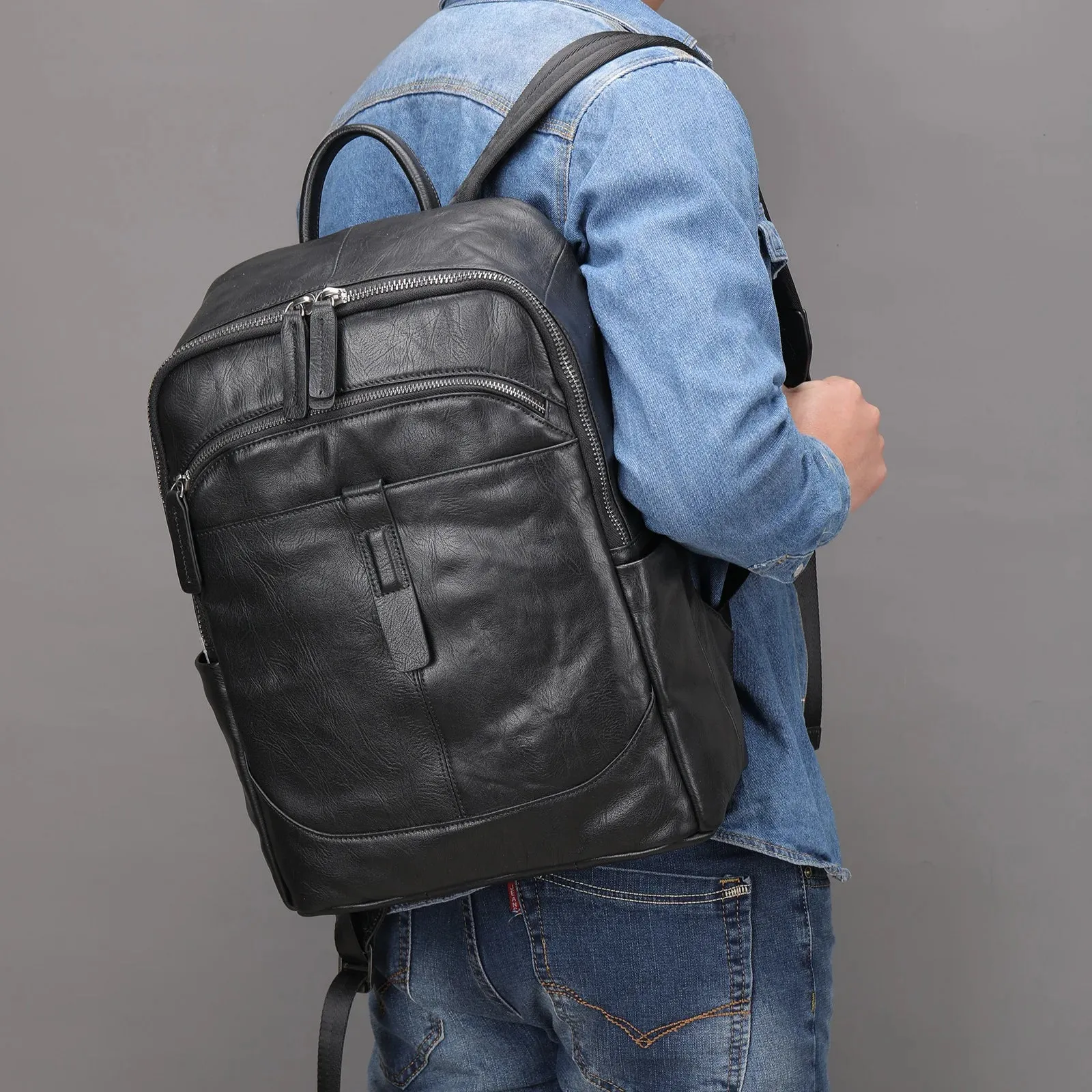 Black Leather Backpack for Men Casual Travel Daypack 14" Laptop