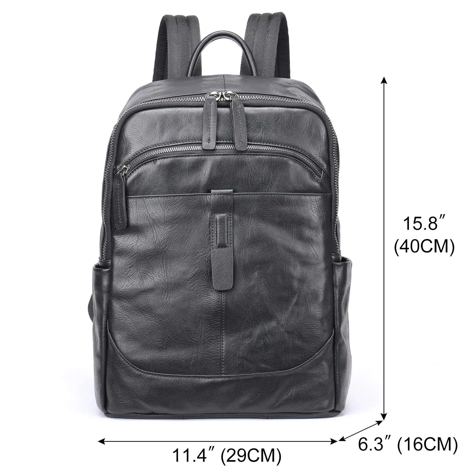 Black Leather Backpack for Men Casual Travel Daypack 14" Laptop